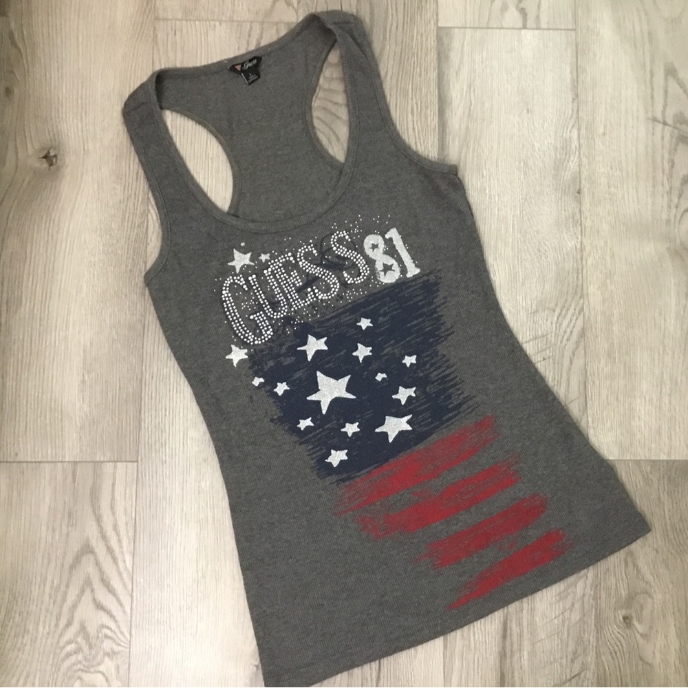 Guess Women's Gray Tank Top with Red and White Stars